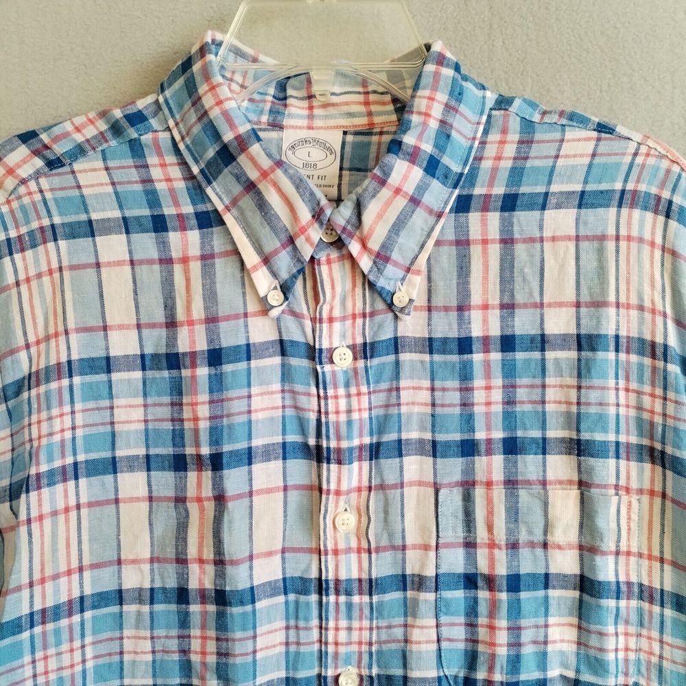 Brooks Brothers Men's Large Shirt 100% Linen‎ Short Sleeve Blue Plaid Regent Fit